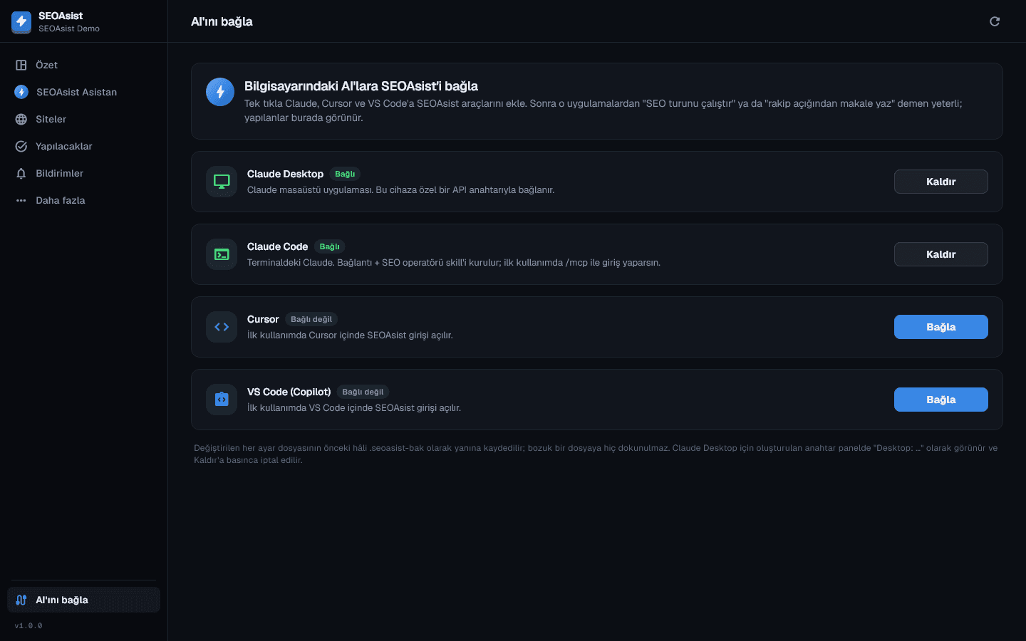SEOAsist masaüstü uygulamasında AI'ını bağla ekranı: Claude Desktop, Claude Code, Cursor ve VS Code bağlantıları